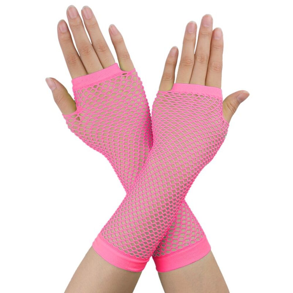 Pair Ladies Elastic Fishnet Fingerless Elbow Length Gloves Arm Warmers Pink